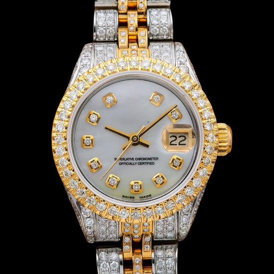 Rolex Datejust White Dial Diamond Markers Two Tone Fully Iced Jubilee Bracelet Moissanite Watch Close Up Front View