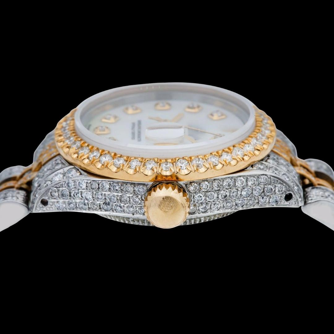 Rolex Datejust White Dial Diamond Markers Two Tone Fully Iced Jubilee Bracelet Moissanite Watch Crown View