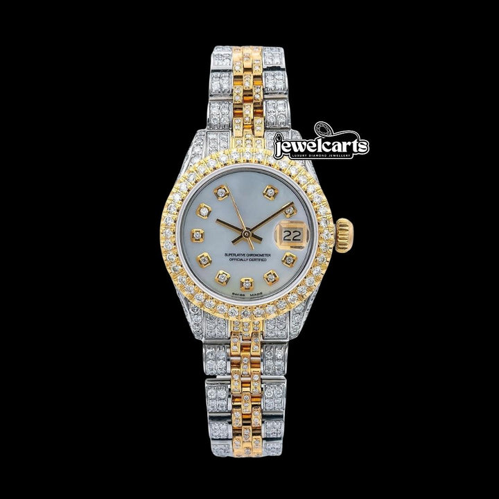 Rolex Datejust White Dial Diamond Markers Two Tone Fully Iced Jubilee Bracelet Moissanite Watch Front View