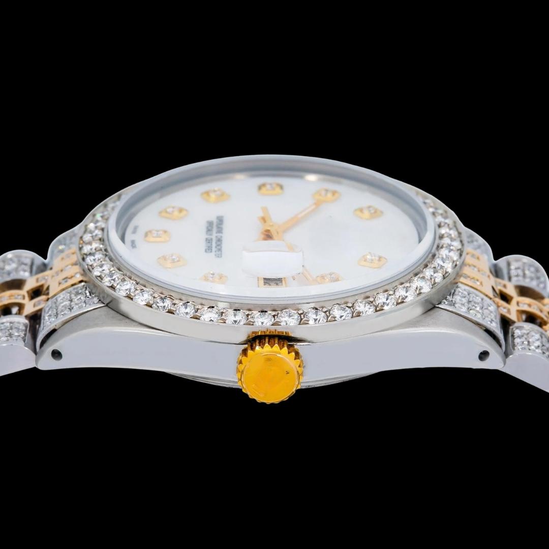 Rolex Datejust White Dial Diamond Markers Two Tone Yellow Gold Fully Iced Jubilee Bracelet Moissanite Watch Crown View