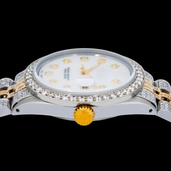Rolex Datejust White Dial Diamond Markers Two Tone Yellow Gold Fully Iced Jubilee Bracelet Moissanite Watch Crown View