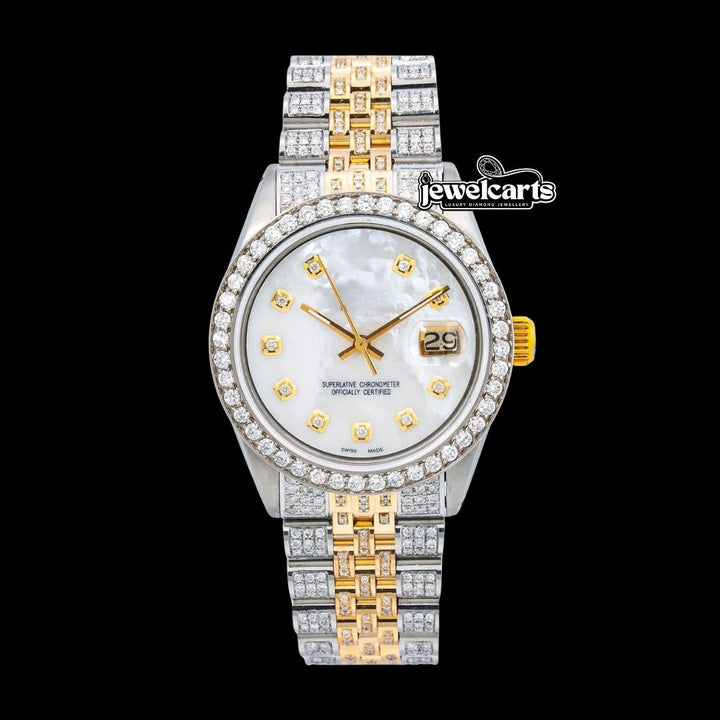 Rolex Datejust White Dial Diamond Markers Two Tone Yellow Gold Fully Iced Jubilee Bracelet Moissanite Watch Front View