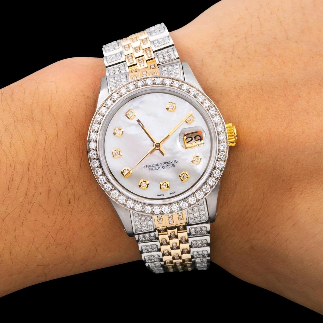 Rolex Datejust White Dial Diamond Markers Two Tone Yellow Gold Fully Iced Jubilee Bracelet Moissanite Watch On Wrist View
