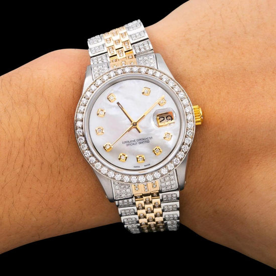 Rolex Datejust White Dial Diamond Markers Two Tone Yellow Gold Fully Iced Jubilee Bracelet Moissanite Watch On Wrist View