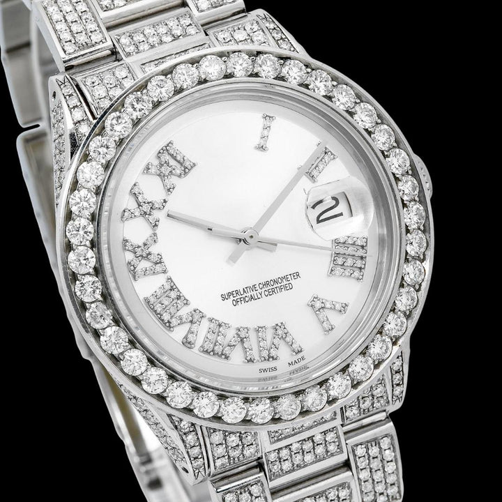 Rolex Datejust White Dial Diamond Roman Numerals Full Iced Out Oyster Bracelet Moissanite Watch Close Up Dial View