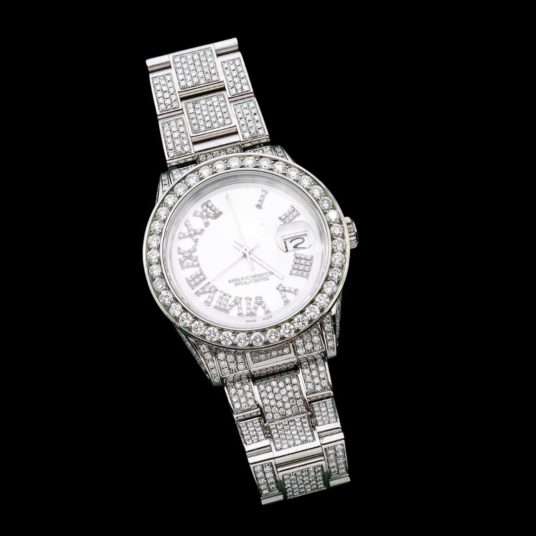 Rolex Datejust White Dial Diamond Roman Numerals Full Iced Out Oyster Bracelet Moissanite Watch Close Up Front View