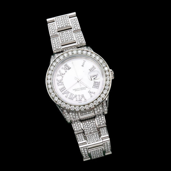 Rolex Datejust White Dial Diamond Roman Numerals Full Iced Out Oyster Bracelet Moissanite Watch Close Up Front View