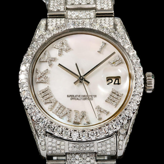 Rolex Datejust White Dial Diamond Roman Numerals Full Iced Out Oyster Bracelet Moissanite Watch Close Up Numerals View