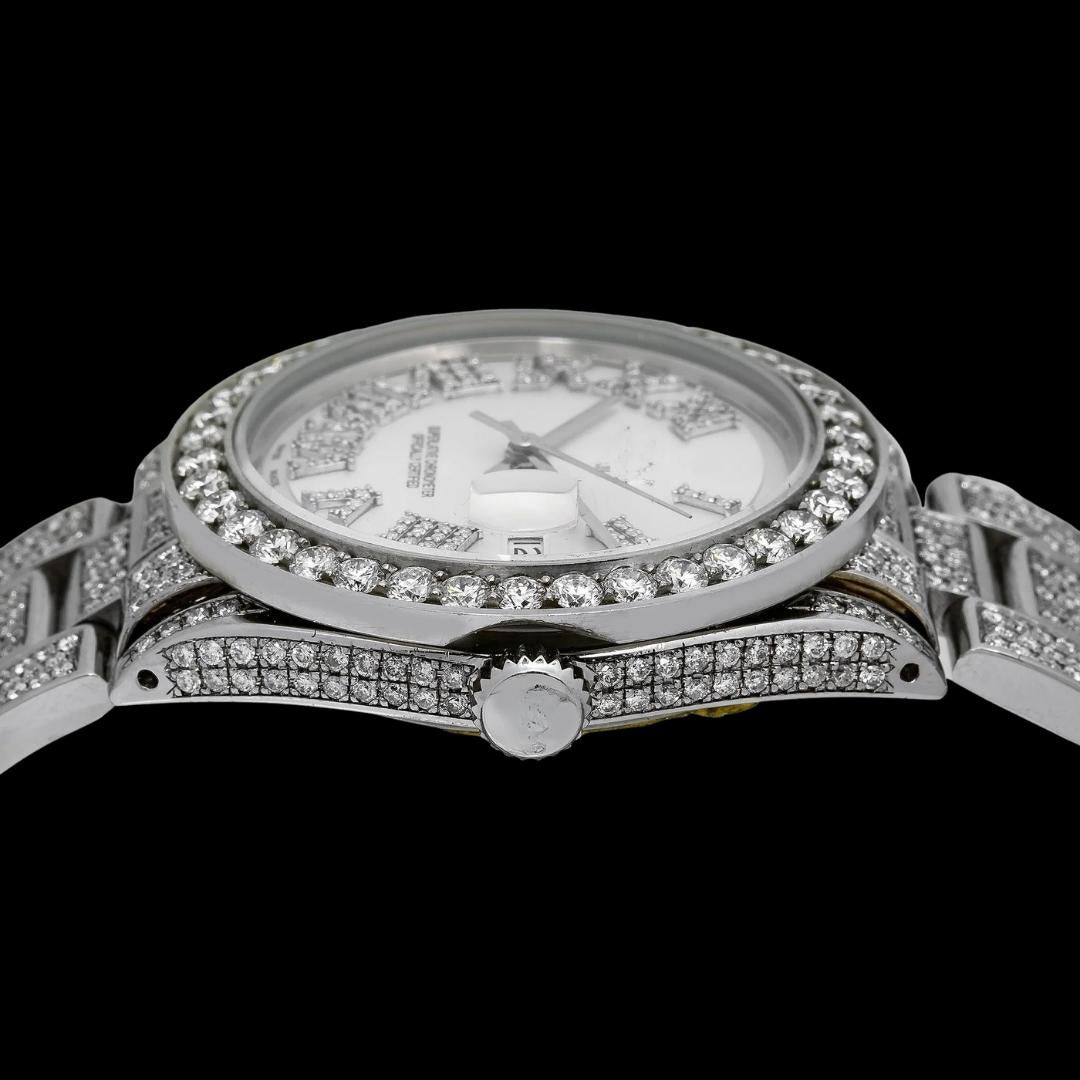 Rolex Datejust White Dial Diamond Roman Numerals Full Iced Out Oyster Bracelet Moissanite Watch Crown View