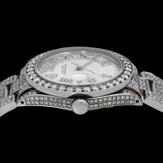 Rolex Datejust White Dial Diamond Roman Numerals Full Iced Out Oyster Bracelet Moissanite Watch Crown View