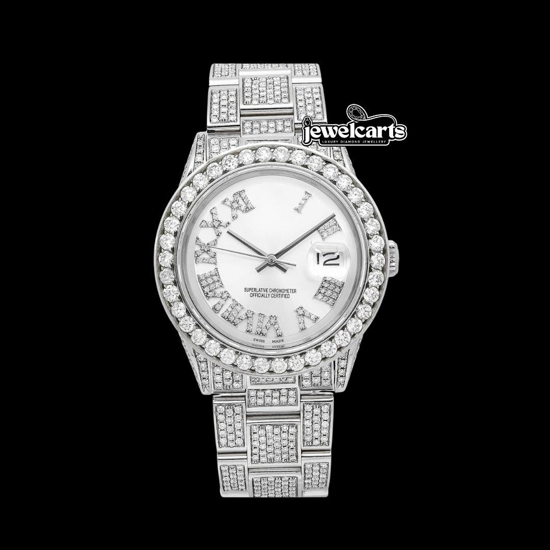 Rolex Datejust White Dial Diamond Roman Numerals Full Iced Out Oyster Bracelet Moissanite Watch Front View
