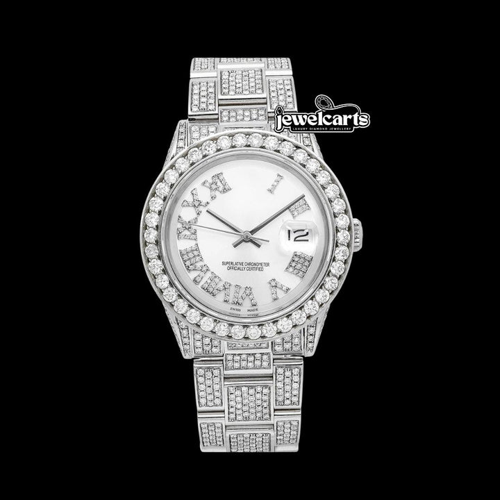 Rolex Datejust White Dial Diamond Roman Numerals Full Iced Out Oyster Bracelet Moissanite Watch Front View