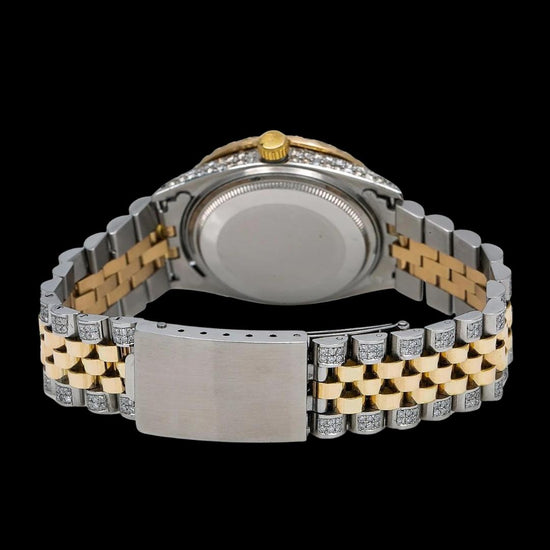 Rolex Datejust White Dial Diamond Roman Numerals Yellow Gold Jubilee Bracelet Fully Iced Moissanite Watch Caseback View
