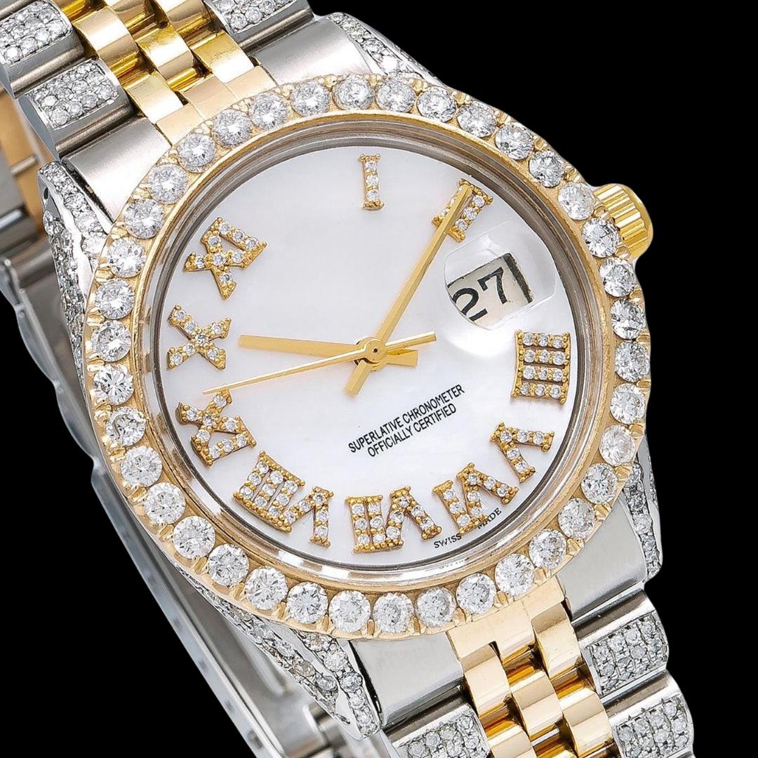 Rolex Datejust White Dial Diamond Roman Numerals Yellow Gold Jubilee Bracelet Fully Iced Moissanite Watch Close Up Dial View