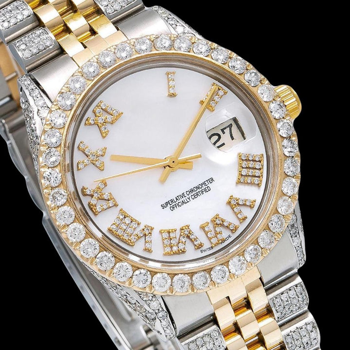Rolex Datejust White Dial Diamond Roman Numerals Yellow Gold Jubilee Bracelet Fully Iced Moissanite Watch Close Up Dial View