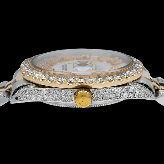 Rolex Datejust White Dial Diamond Roman Numerals Yellow Gold Jubilee Bracelet Fully Iced Moissanite Watch Crown View