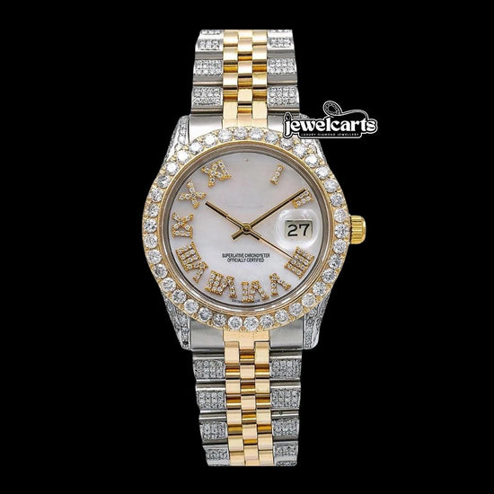 Rolex Datejust White Dial Diamond Roman Numerals Yellow Gold Jubilee Bracelet Fully Iced Moissanite Watch Front View