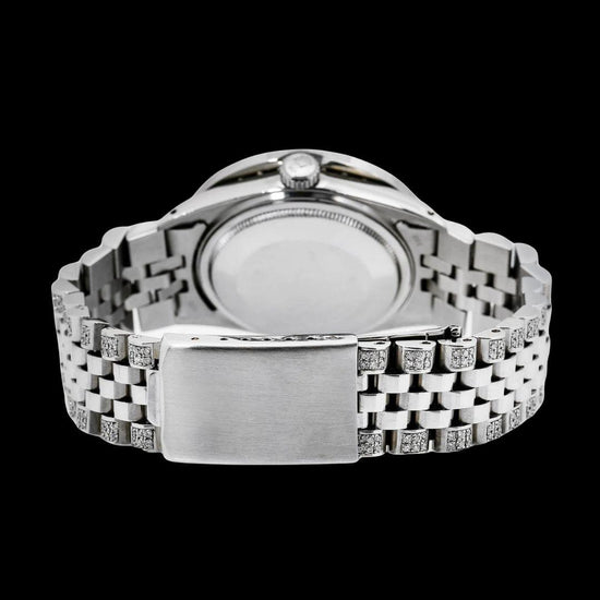 Rolex Datejust White Pearl Dial Diamond Markers Jubilee Strap Fully Iced Out Moissanite Watch Caseback View