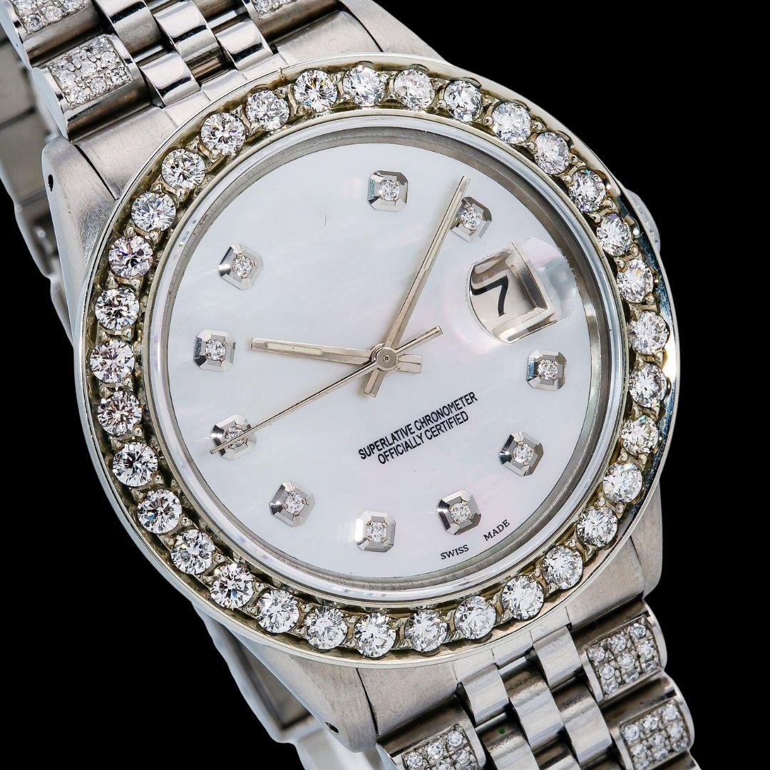 Rolex Datejust White Pearl Dial Diamond Markers Jubilee Strap Fully Iced Out Moissanite Watch Close Up Dial View