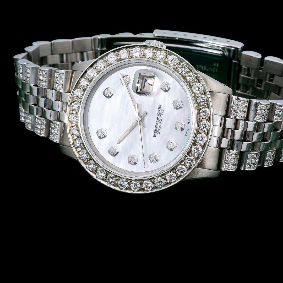 Rolex Datejust White Pearl Dial Diamond Markers Jubilee Strap Fully Iced Out Moissanite Watch Close Up Front View