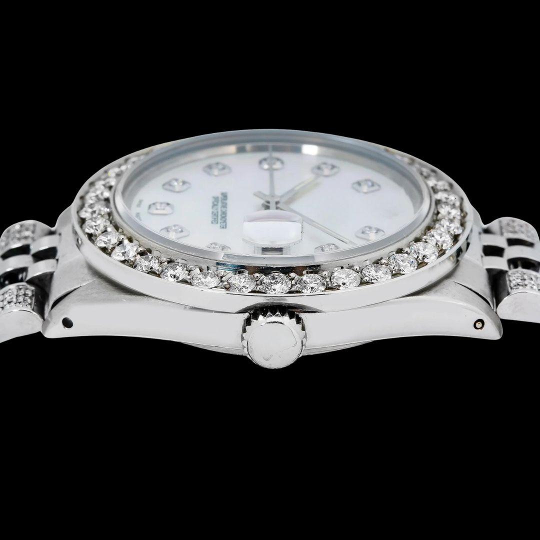 Rolex Datejust White Pearl Dial Diamond Markers Jubilee Strap Fully Iced Out Moissanite Watch Crown View