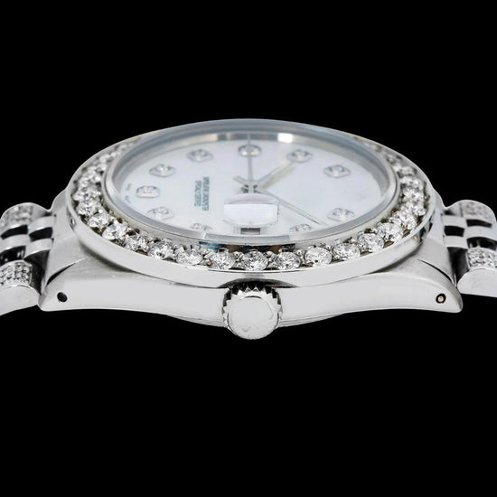 Rolex Datejust White Pearl Dial Diamond Markers Jubilee Strap Fully Iced Out Moissanite Watch Crown View
