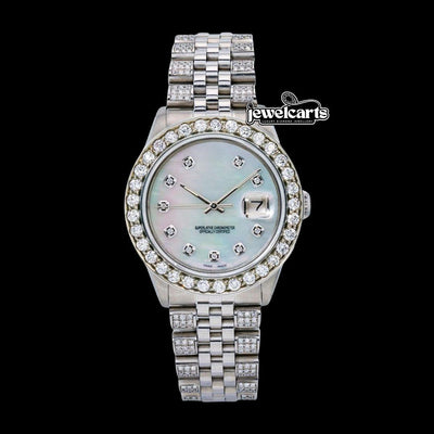 Rolex Datejust White Pearl Dial Diamond Markers Jubilee Strap Fully Iced Out Moissanite Watch