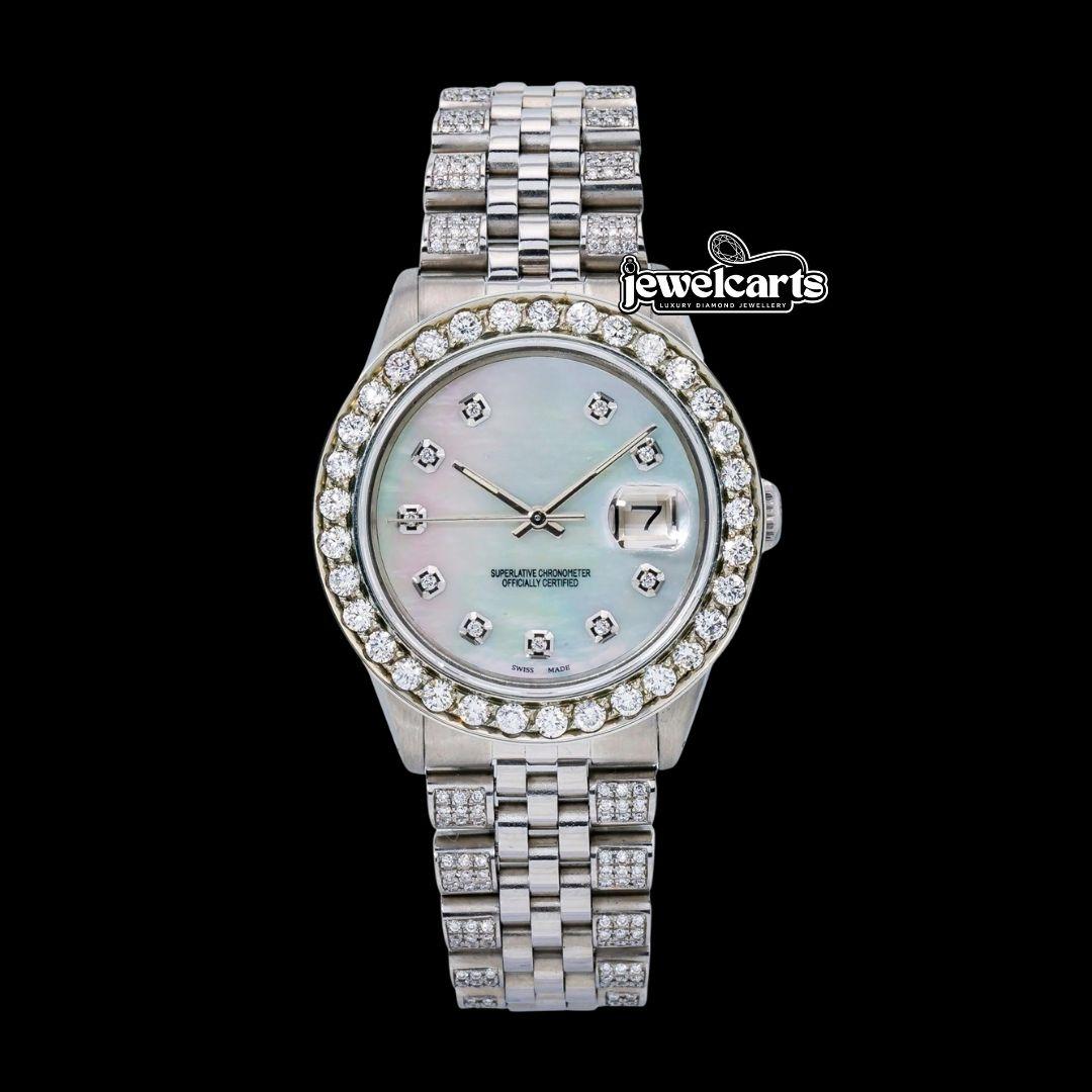 Rolex Datejust White Pearl Dial Diamond Markers Jubilee Strap Fully Iced Out Moissanite Watch Front View