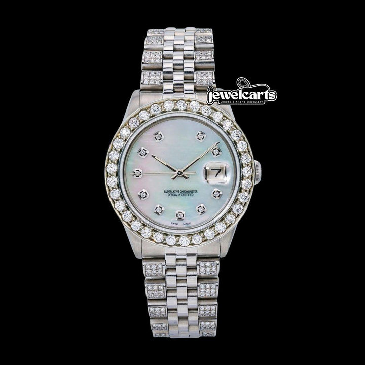 Rolex Datejust White Pearl Dial Diamond Markers Jubilee Strap Fully Iced Out Moissanite Watch Front View