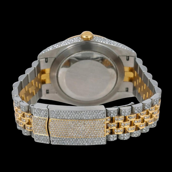 Rolex Datejust White Pearl Dial Roman Diamond Numerals Fluted Bezel Two Tone Yellow Gold Jubilee Watch Caseback View