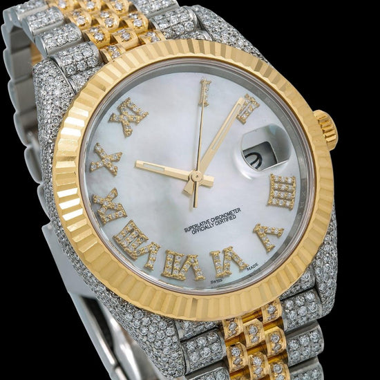 Rolex Datejust White Pearl Dial Roman Diamond Numerals Fluted Bezel Two Tone Yellow Gold Jubilee Watch Close Up Dial View