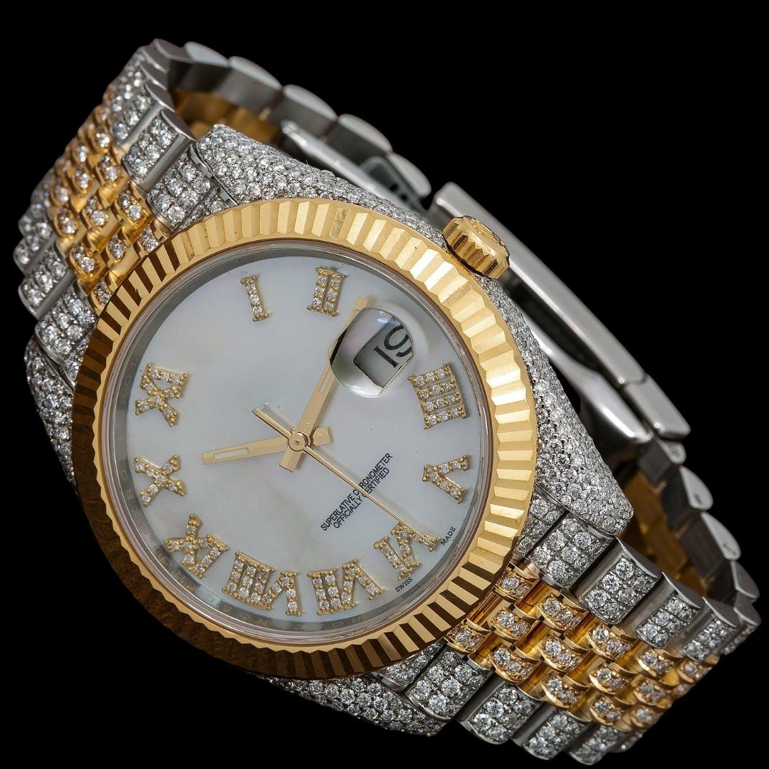 Rolex Datejust White Pearl Dial Roman Diamond Numerals Fluted Bezel Two Tone Yellow Gold Jubilee Watch Close Up Front View