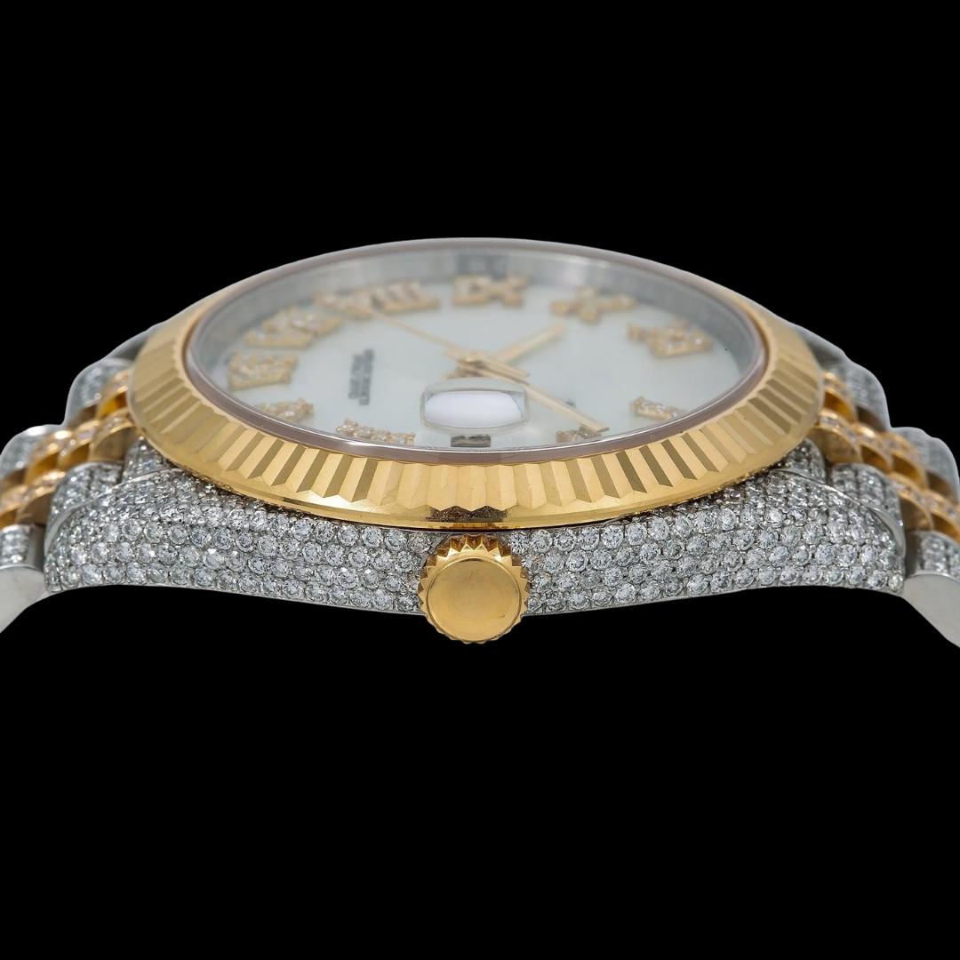 Rolex Datejust White Pearl Dial Roman Diamond Numerals Fluted Bezel Two Tone Yellow Gold Jubilee Watch Crown View