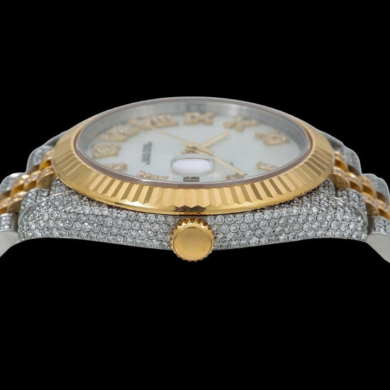 Rolex Datejust White Pearl Dial Roman Diamond Numerals Fluted Bezel Two Tone Yellow Gold Jubilee Watch Crown View