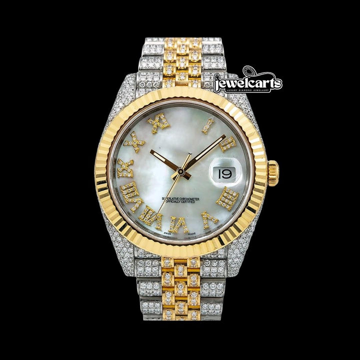 Rolex Datejust White Pearl Dial Roman Diamond Numerals Fluted Bezel Two Tone Yellow Gold Jubilee Watch Front View