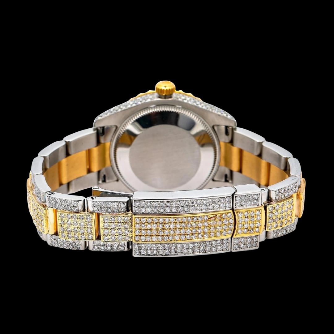 Rolex Datejust White Pearl Diamond Dial Two Tone Oyster Strap Yellow Gold Iced Out Moissanite Watch Caseback View