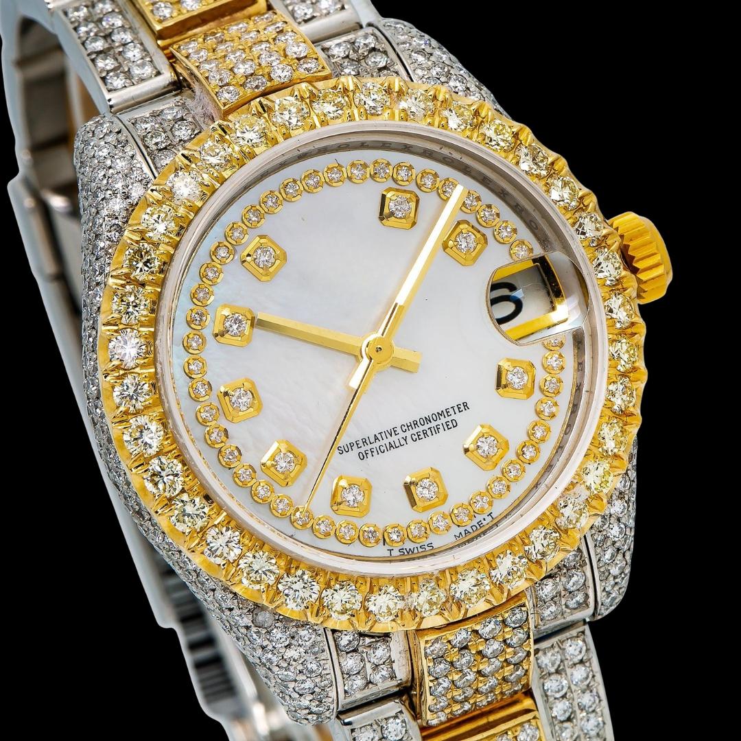 Rolex Datejust White Pearl Diamond Dial Two Tone Oyster Strap Yellow Gold Iced Out Moissanite Watch Close Up Dial View