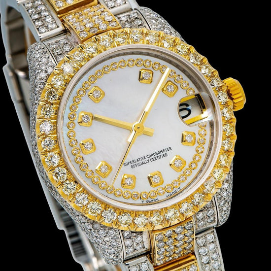 Rolex Datejust White Pearl Diamond Dial Two Tone Oyster Strap Yellow Gold Iced Out Moissanite Watch Close Up Dial View