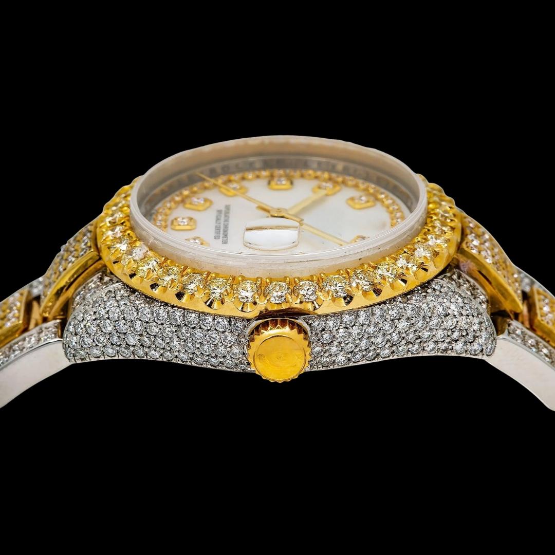 Rolex Datejust White Pearl Diamond Dial Two Tone Oyster Strap Yellow Gold Iced Out Moissanite Watch Crown View