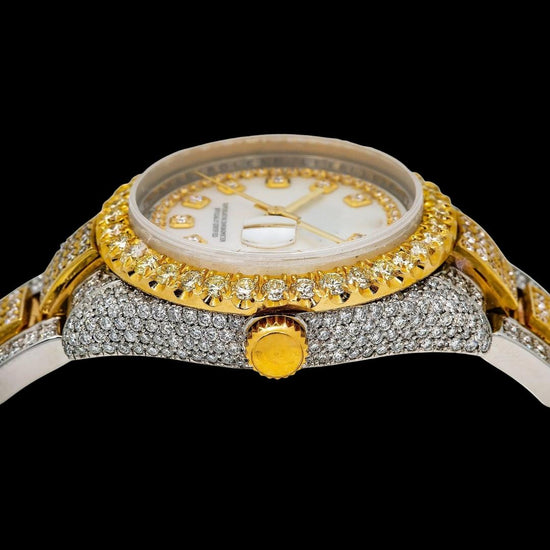 Rolex Datejust White Pearl Diamond Dial Two Tone Oyster Strap Yellow Gold Iced Out Moissanite Watch Crown View