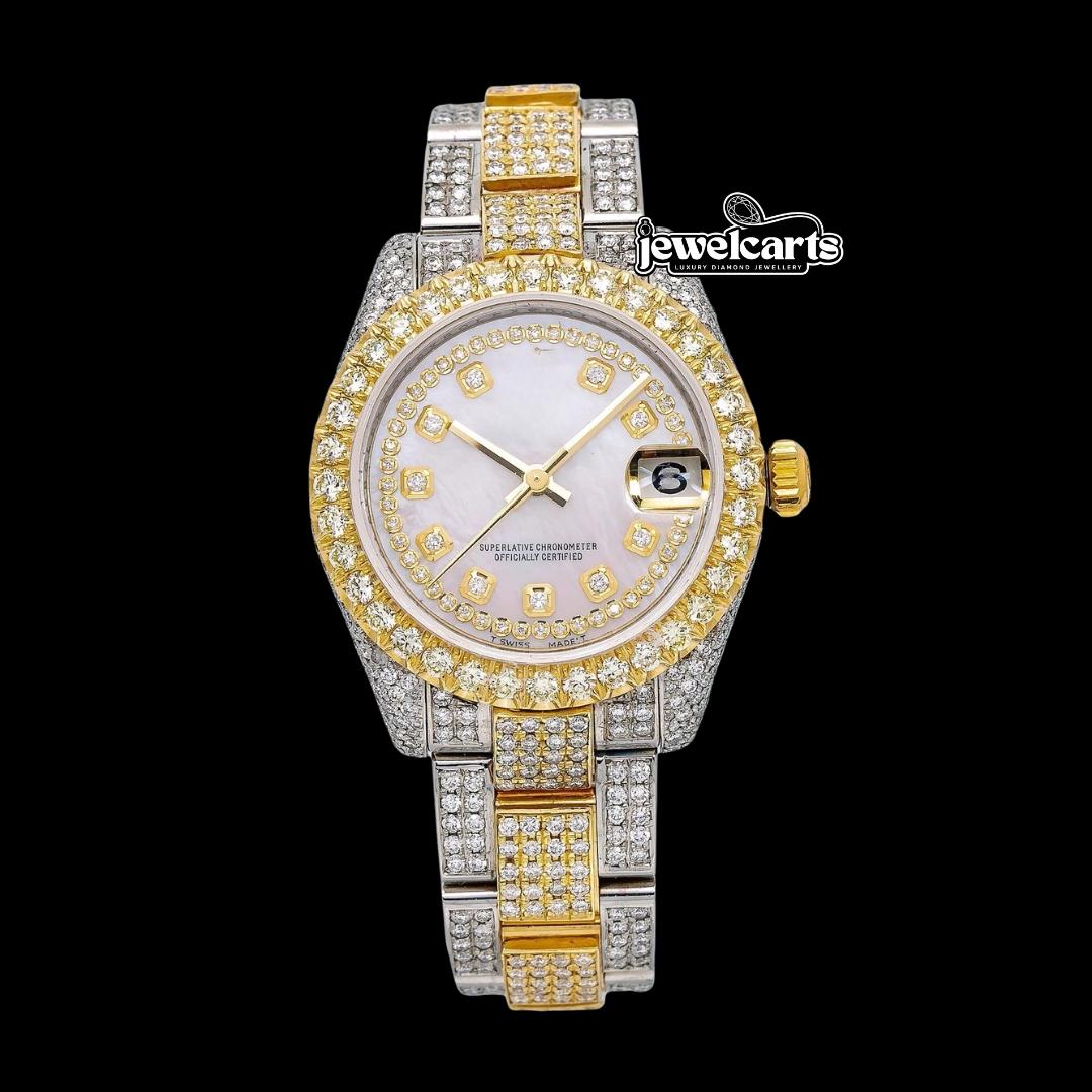 Rolex Datejust White Pearl Diamond Dial Two Tone Oyster Strap Yellow Gold Iced Out Moissanite Watch Front View
