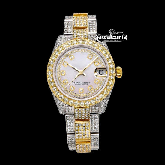 Rolex Datejust White Pearl Diamond Dial Two Tone Oyster Strap Yellow Gold Iced Out Moissanite Watch Front View