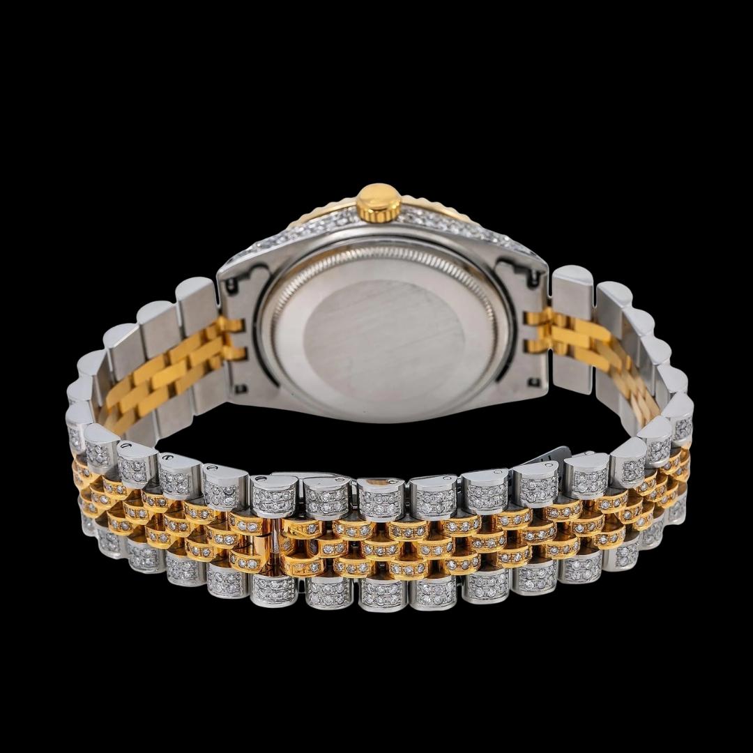 Rolex Datejust White Pearl Diamond Roman Dial Diamond Bezel Two Tone Yellow Gold Iced Out Jubilee Moissanite Watch Caseback View
