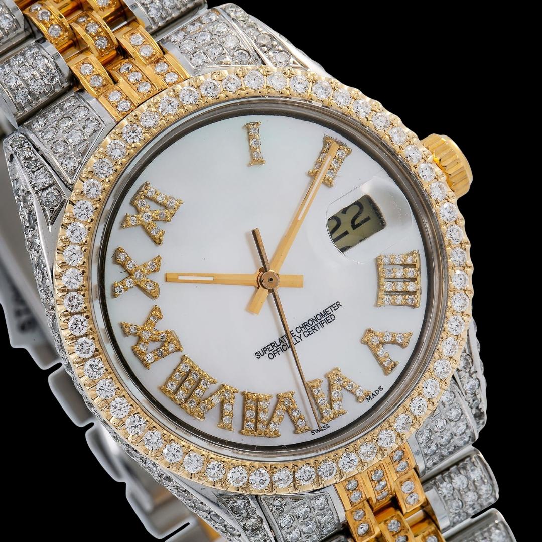 Rolex Datejust White Pearl Diamond Roman Dial Diamond Bezel Two Tone Yellow Gold Iced Out Jubilee Moissanite Watch Close Up Dial View