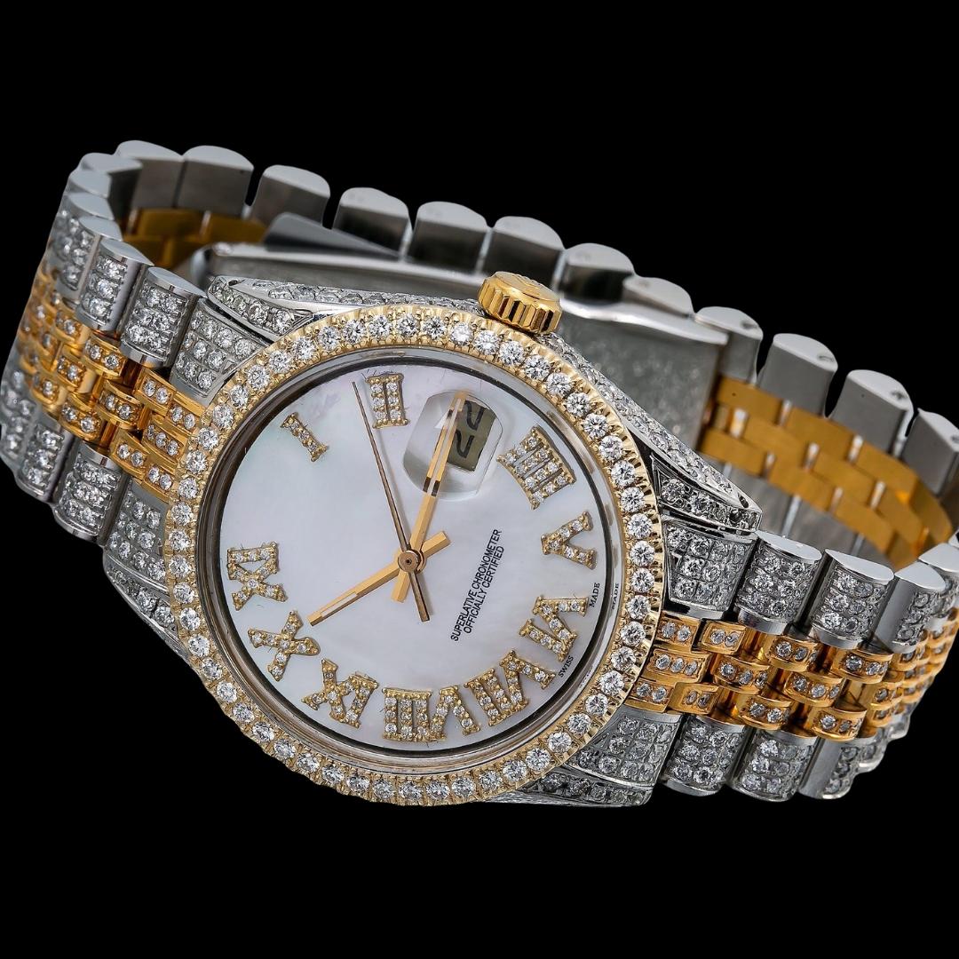 Rolex Datejust White Pearl Diamond Roman Dial Diamond Bezel Two Tone Yellow Gold Iced Out Jubilee Moissanite Watch Close Up Front View