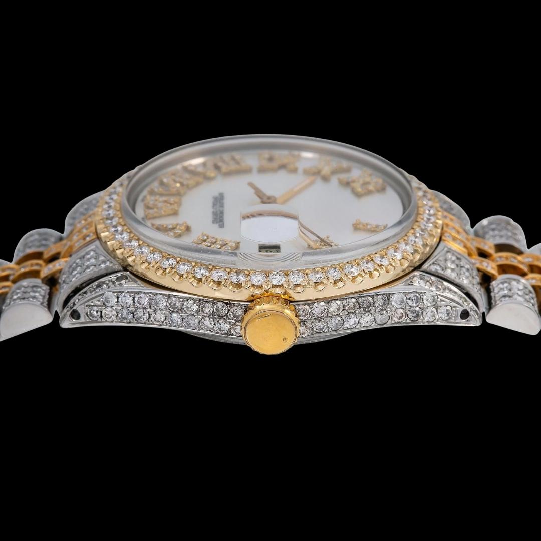 Rolex Datejust White Pearl Diamond Roman Dial Diamond Bezel Two Tone Yellow Gold Iced Out Jubilee Moissanite Watch Crown View