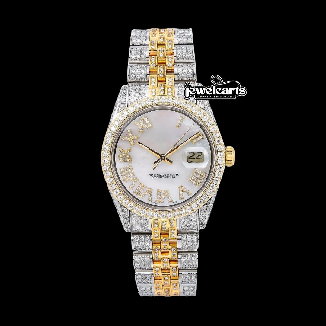 Rolex Datejust White Pearl Diamond Roman Dial Diamond Bezel Two Tone Yellow Gold Iced Out Jubilee Moissanite Watch Front View