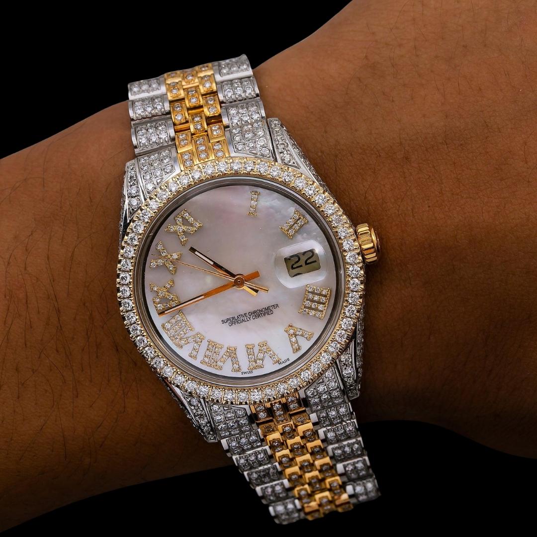 Rolex Datejust White Pearl Diamond Roman Dial Diamond Bezel Two Tone Yellow Gold Iced Out Jubilee Moissanite Watch On Wrist View