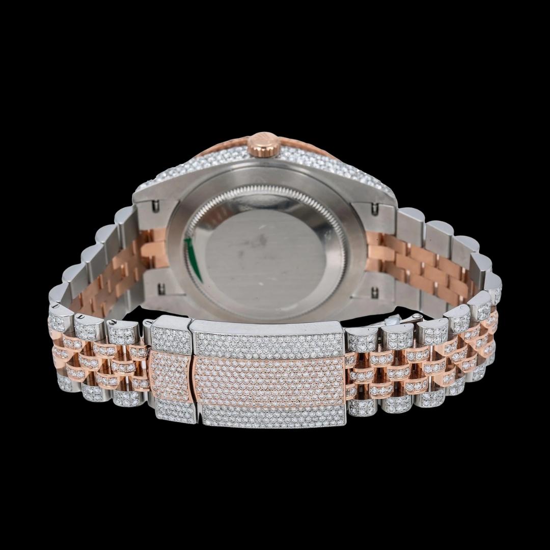 Rolex Datejust White Pearl Roman Diamond Dial Two Tone Rose Gold Jubilee Bracelet Iced Out Moissanite Diamond Watch Caseback View