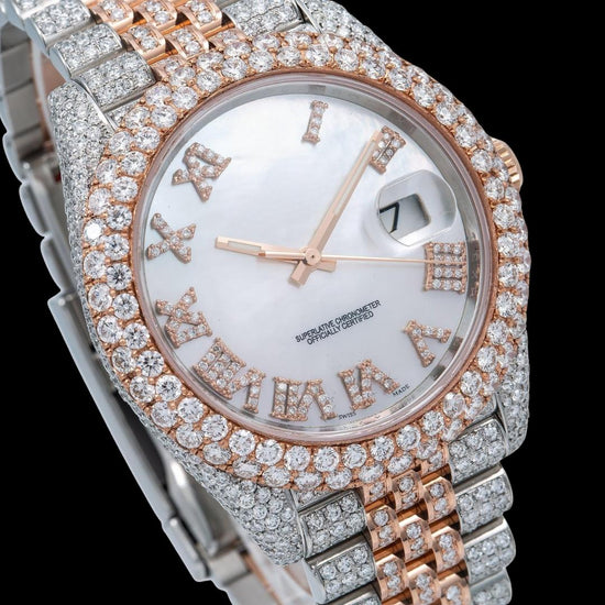 Rolex Datejust White Pearl Roman Diamond Dial Two Tone Rose Gold Jubilee Bracelet Iced Out Moissanite Diamond Watch Close Up Dial View